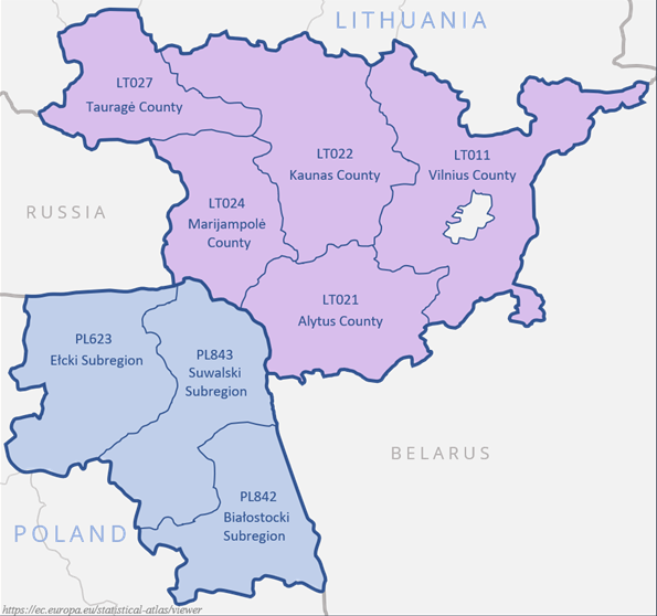 Obszar wsparcia Programu Interreg Litwa-Polska 2021-2027