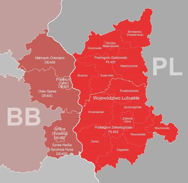Mapa obszaru wsparcia Programu Interreg Brandenburgia - Polska 2021-2027