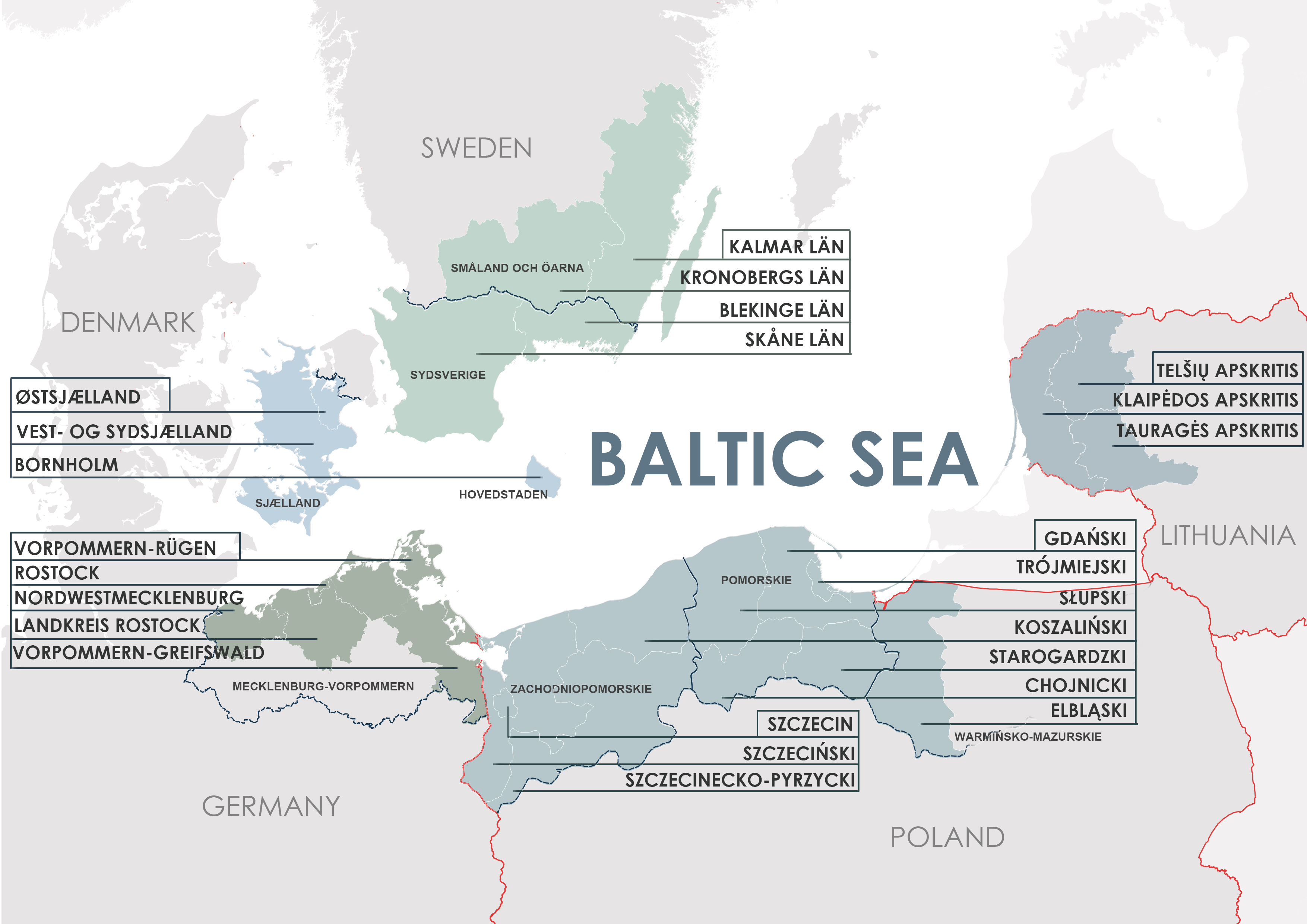 Mapa obszaru wsparcia Programu Interreg Południowy Bałtyk 2021-2027