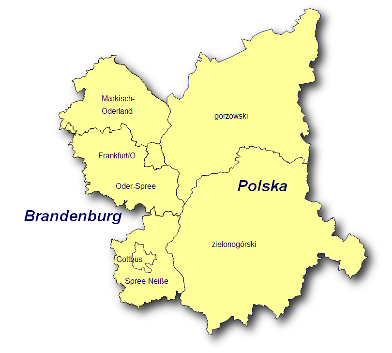 Mapa obszaru wsparcia programu Brandenburgia - Polska. W obszarze programu są 2 polskie powiaty: gorzowski, zielonogórski.