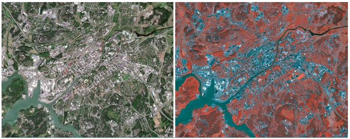 zdjęcia satelitarne z projektu BalticSatApps. Lewa strona: kompozycja „naturalnych kolorów” obrazu Sentinel-2 (z wykorzystaniem widzialnych pasm widmowych) centralnych obszarów miasta Turku (Finlandia).  Prawa strona: ten sam obraz w „fałszywym kolorze”, łączący pasma widzialne i pasmo bliskiej podczerwieni (NIR), tutaj roślinność wydaje się czerwonawa, ponieważ roślinność odbija promieniowanie NIR.